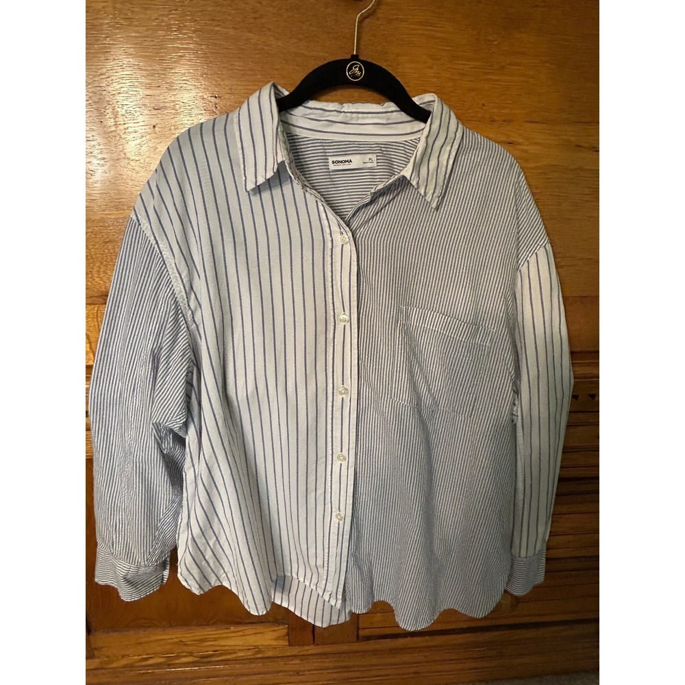 Sonoma Goods For Life Blue White Mixed Stripe Cotton Button Down Shirt Petite L